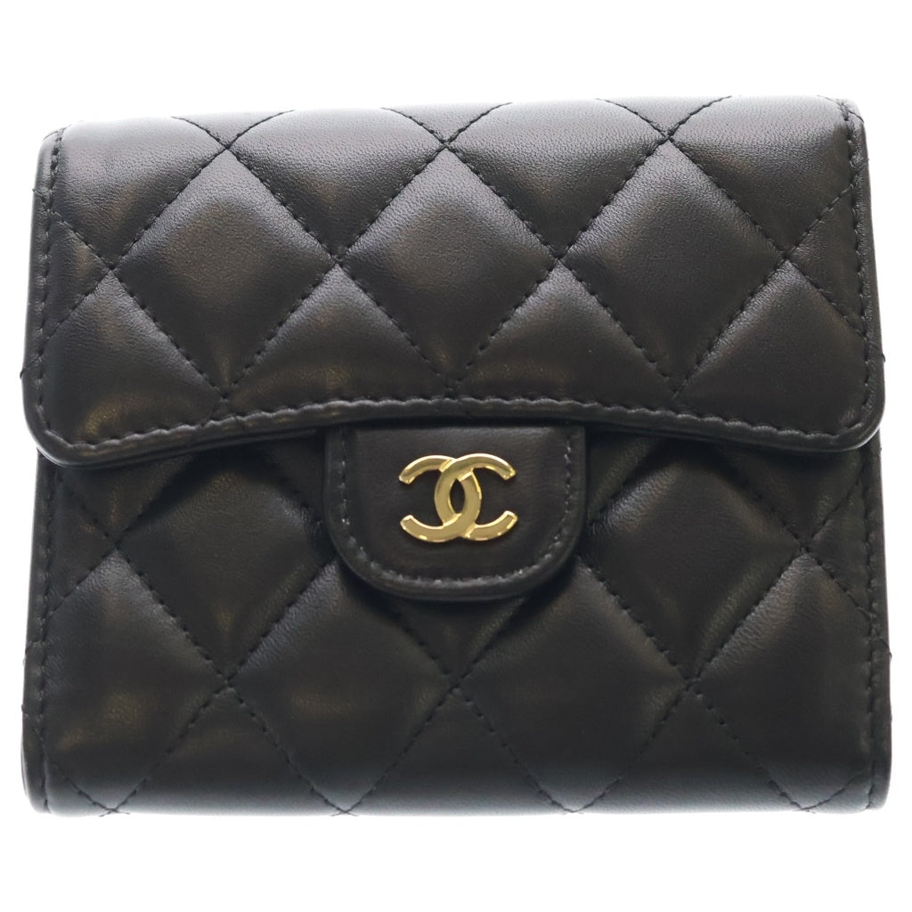 CHANEL(シャネル) マトラッセ 3つ折り財布 コンパクトウォレット コインケース ブラック ラムスキン ゴールド金具 レディース