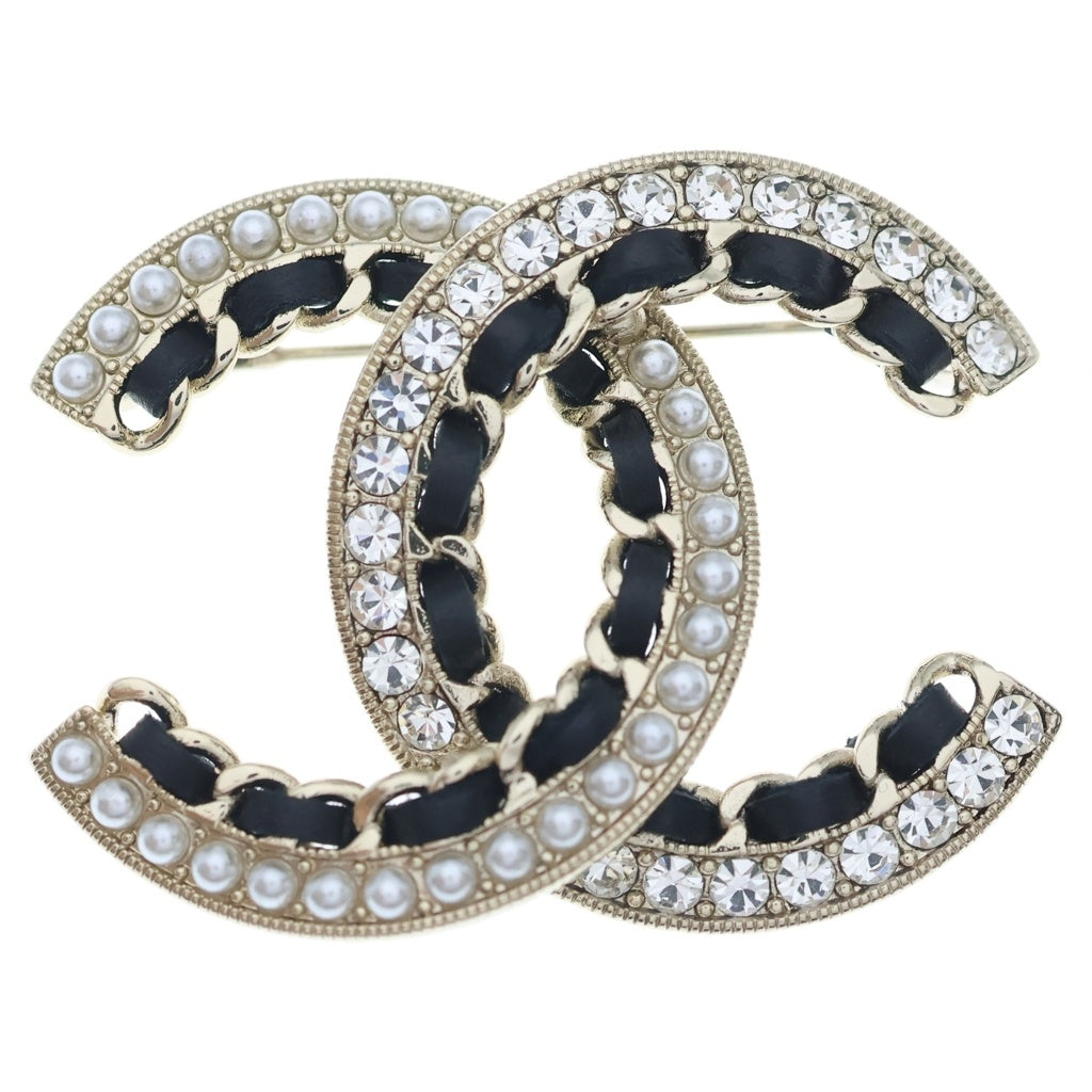 CHANEL(シャネル) ココマーク ブローチ メタル レザー ラインストーン GP ゴールド/ブラック 20A レディース