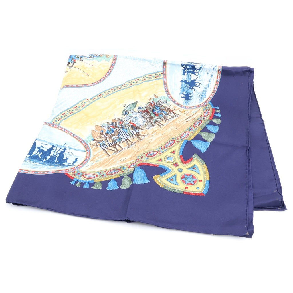 HERMES(エルメス) カレ90 CAVALIERS PEULS プール族の騎手 シルクスカーフ ブルー レディース