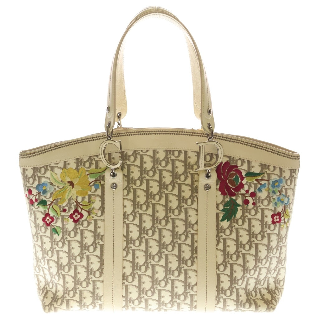 Christian Dior(クリスチャンディオール) トロッター フラワー 刺繍 トートバッグ ハンドバッグ アイボリー レザー シルバー金具 レディース