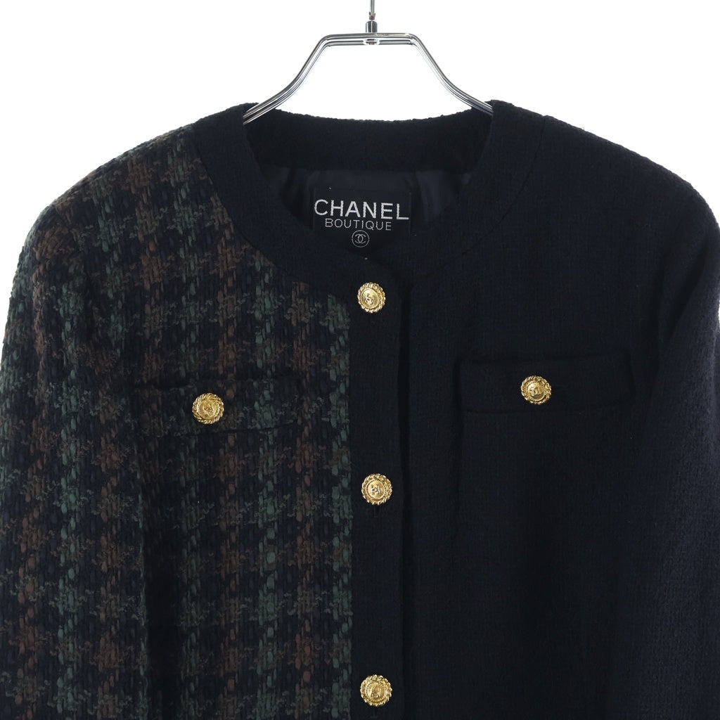 CHANEL(シャネル) ココボタン ウール ツイード セットアップ ヴィンテージ ノーカラージャケット #38 ブラック/グリーン/ブラウン 20832 レディース