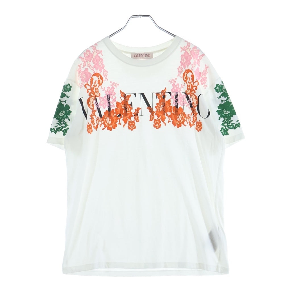 VALENTINO(ヴァレンティノ) 花柄刺繍 ロゴプリント クルーネック半袖Tシャツ カットソー ホワイト コットン XB3MG16F6YN レディース