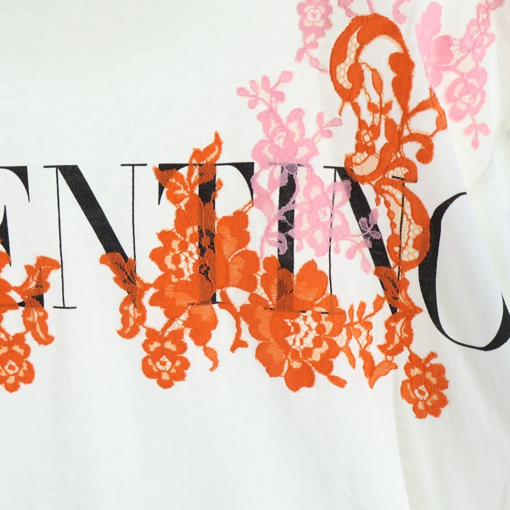VALENTINO(ヴァレンティノ) 花柄刺繍 ロゴプリント クルーネック半袖Tシャツ カットソー ホワイト コットン XB3MG16F6YN レディース
