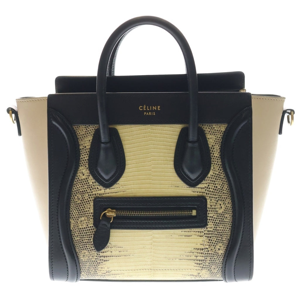 CELINE(セリーヌ) ラゲージ ナノショッパー コンビレザー 2WAY ハンド ショルダーバッグ ゴールド金具 ブラック/ベージュ レディース