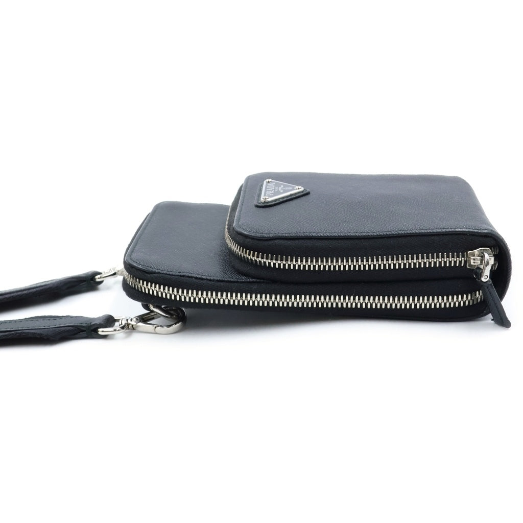 PRADA(プラダ) トライアングルロゴ サフィアーノ レザー ショルダーバッグ フォンケース フォンポーチ ICタイプ ブラック 2ZH126