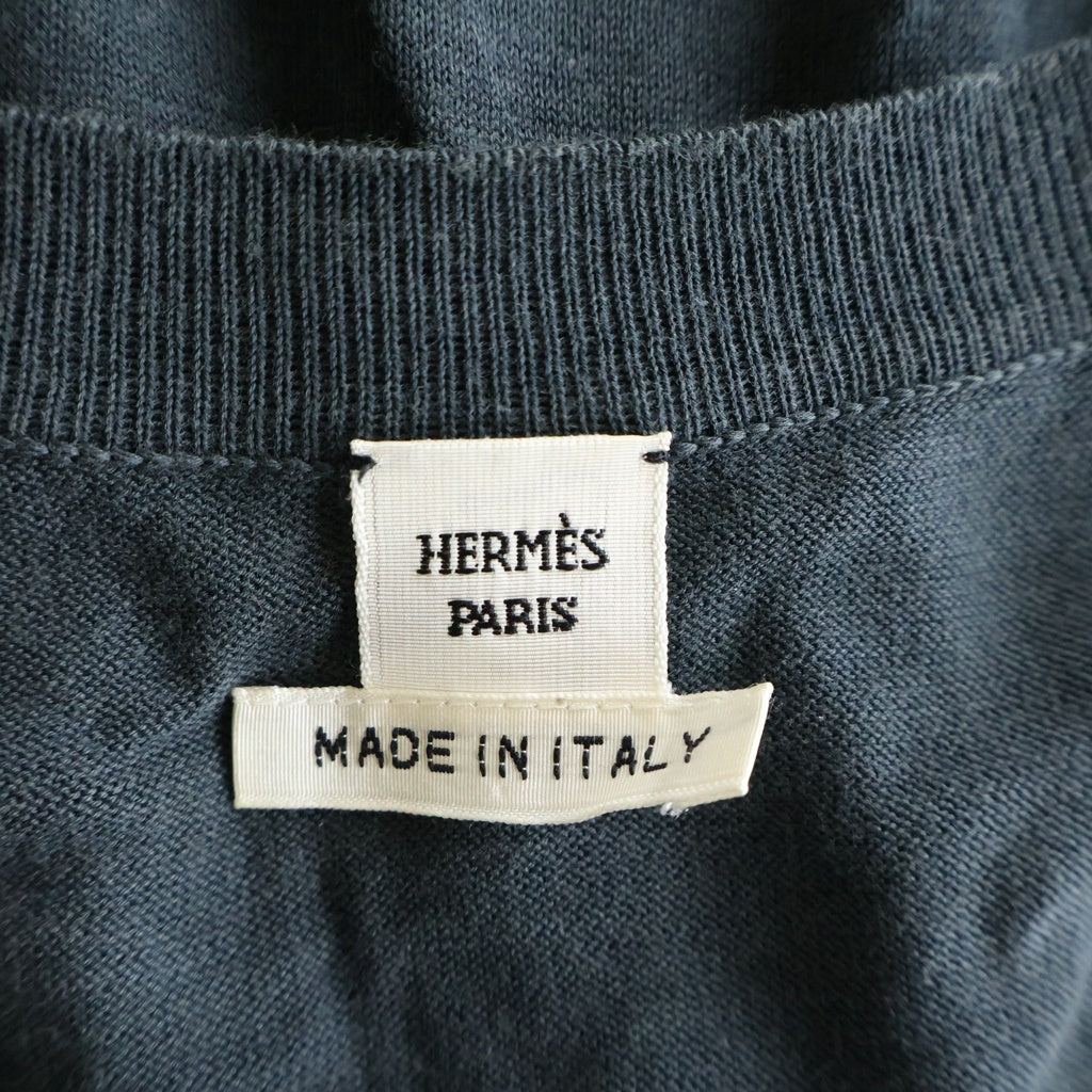 HERMES(エルメス) シルク混 コットン クルーネック 半袖ニット カーディガン グリーン レディース