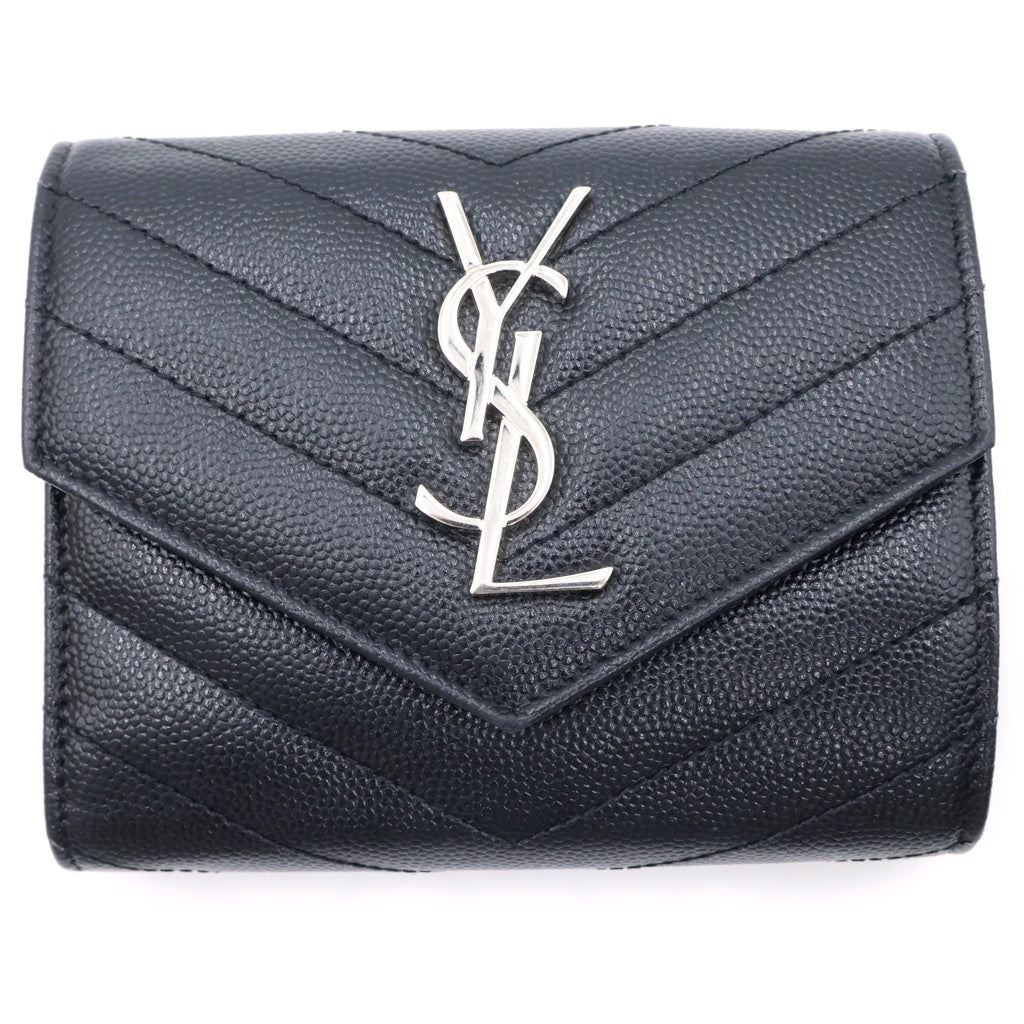 YVES SAINT LAURENT(イヴサンローラン) カサンドラ Vステッチ コンパクトスリーフォールドウォレット 3つ折り財布 レザー シルバー金具 ブラック 403943 レディース
