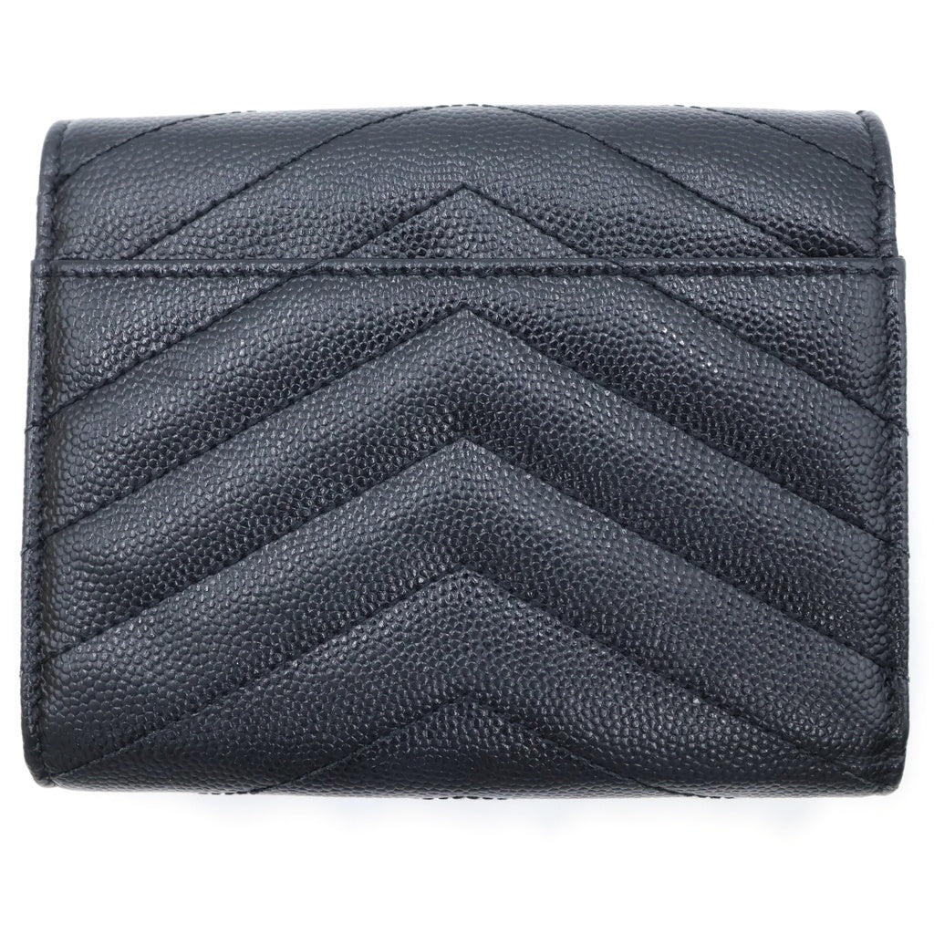 YVES SAINT LAURENT(イヴサンローラン) カサンドラ Vステッチ コンパクトスリーフォールドウォレット 3つ折り財布 レザー シルバー金具 ブラック 403943 レディース