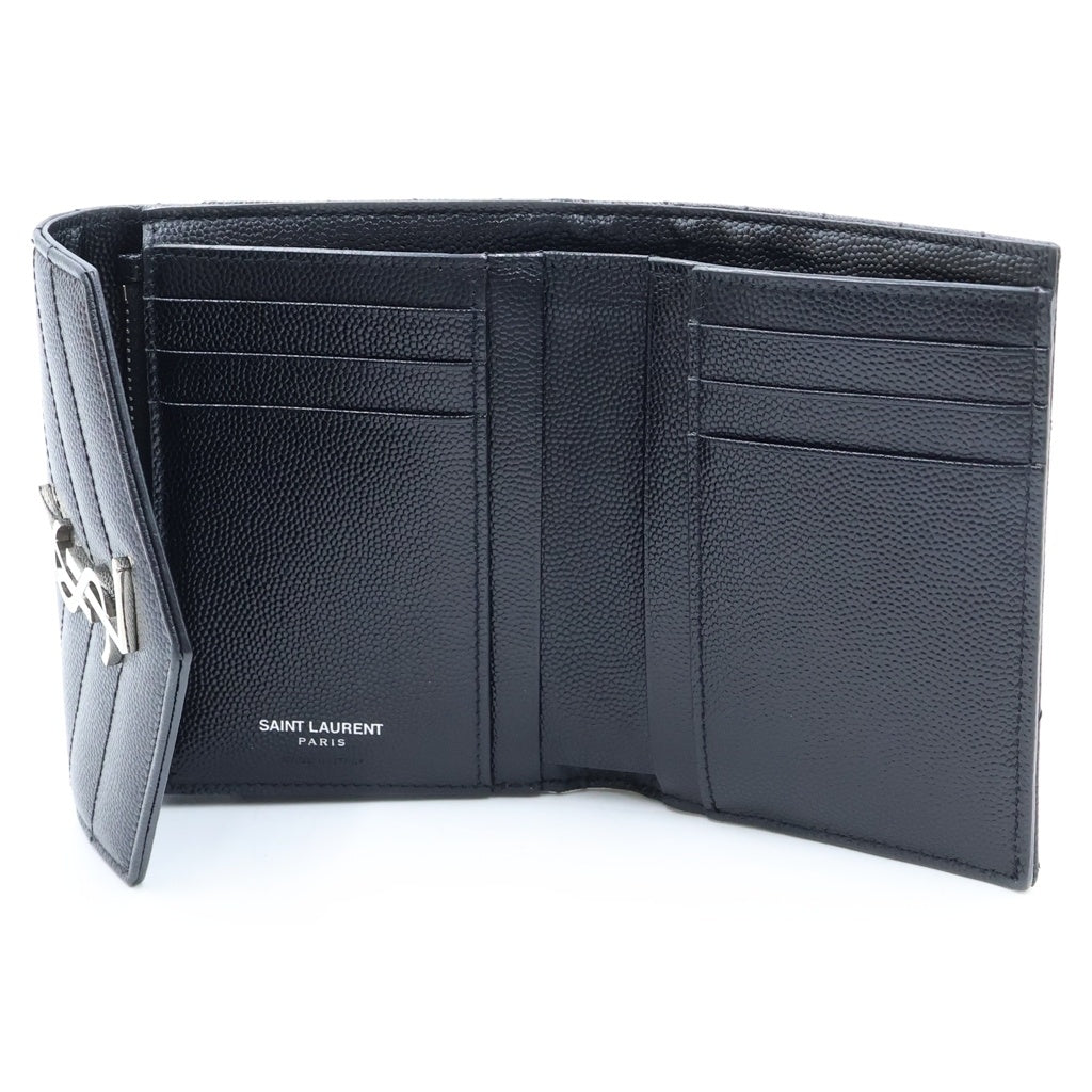YVES SAINT LAURENT(イヴサンローラン) カサンドラ Vステッチ コンパクトスリーフォールドウォレット 3つ折り財布 レザー シルバー金具 ブラック 403943 レディース