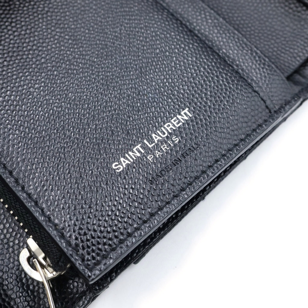 YVES SAINT LAURENT(イヴサンローラン) カサンドラ Vステッチ コンパクトスリーフォールドウォレット 3つ折り財布 レザー シルバー金具 ブラック 403943 レディース