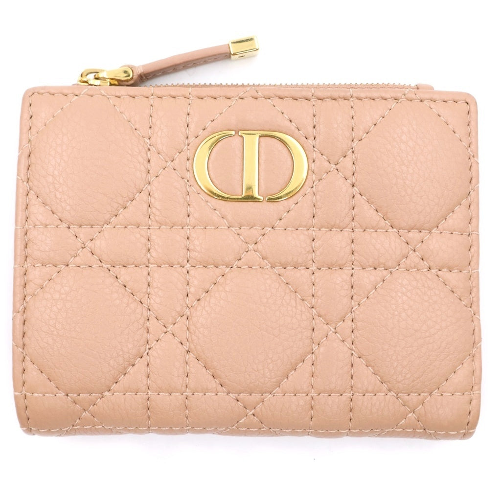 Christian Dior(クリスチャンディオール) カロ ダリア コンパクトウォレット 二つ折り財布 ベージュ レザー ゴールド金具 レディース