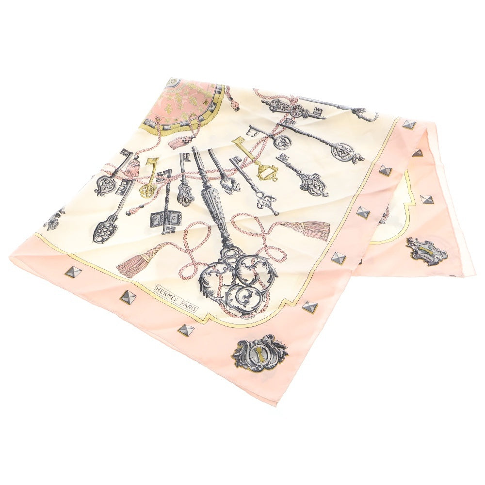 HERMES(エルメス) カレ90 LES CLES 鍵モチーフ シルク スカーフ ピンク×ホワイト