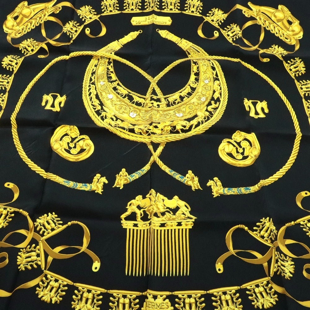 HERMES(エルメス) カレ90 黄金の騎士 ブラック×ゴールド シルク スカーフ