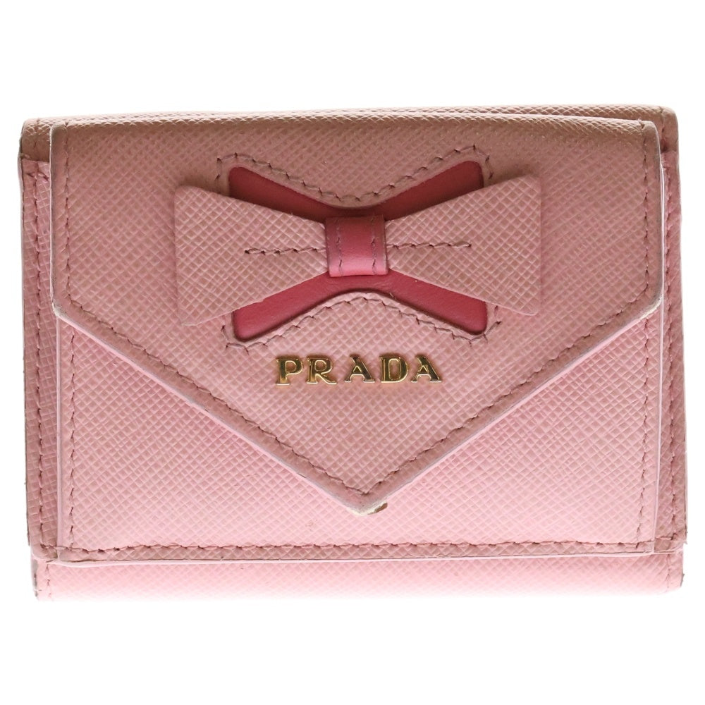 PRADA(プラダ) サフィアーノフィオッコ リボン コンパクトウォレット 三つ折り財布 ピンク レザー 1MH021