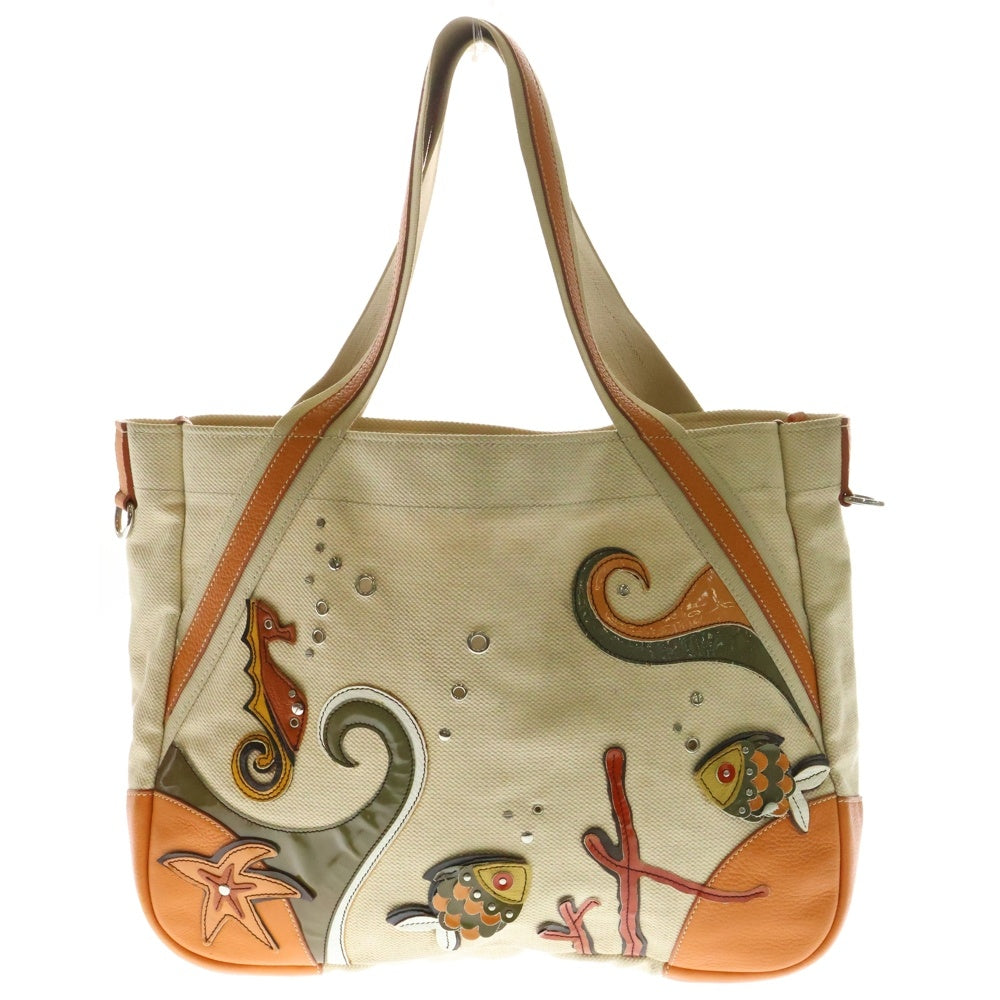 PRADA(プラダ) タツノオトシゴモチーフ スタッズ付 レザー切替 キャンパストートバッグ ベージュ×オレンジ BR2971