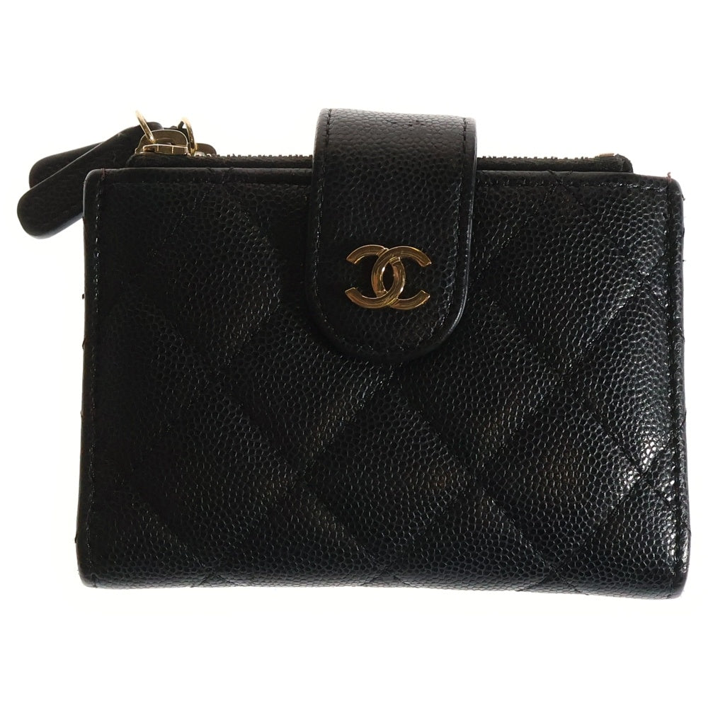 CHANEL(シャネル) クラシック マトラッセ ココマーク キャビアスキン レザー ダブルジップ コンパクトウォレット コインケース 二つ折り財布 ゴールド金具 ブラック 31番台