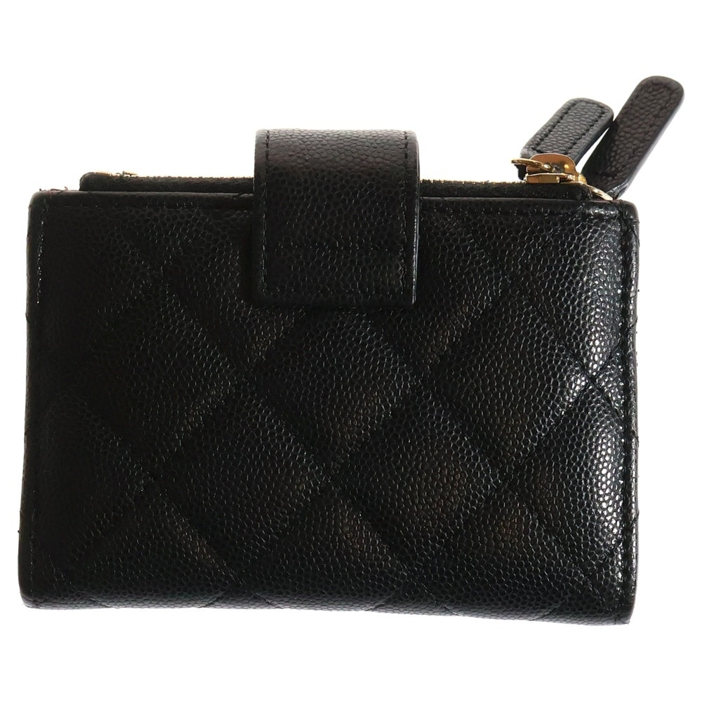 CHANEL(シャネル) クラシック マトラッセ ココマーク キャビアスキン レザー ダブルジップ コンパクトウォレット コインケース 二つ折り財布 ゴールド金具 ブラック 31番台