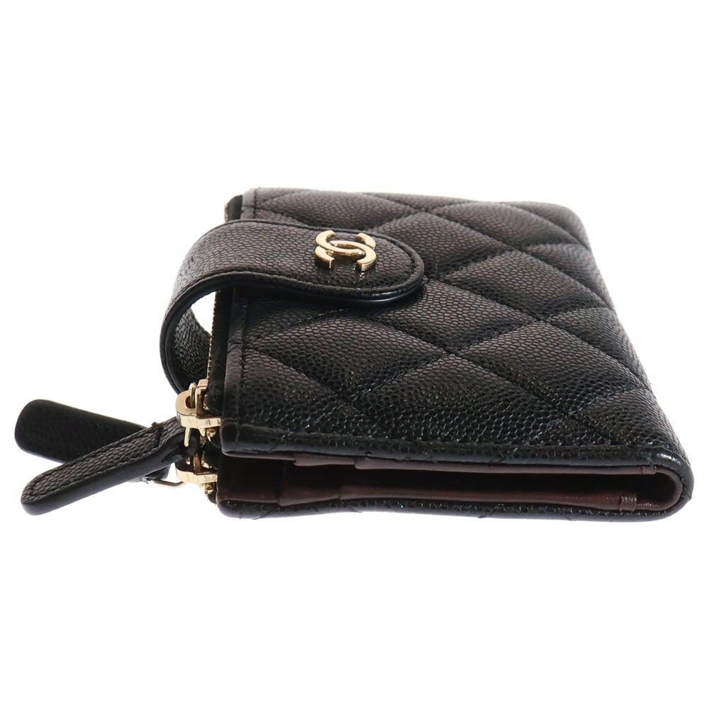 CHANEL(シャネル) クラシック マトラッセ ココマーク キャビアスキン レザー ダブルジップ コンパクトウォレット コインケース 二つ折り財布 ゴールド金具 ブラック 31番台