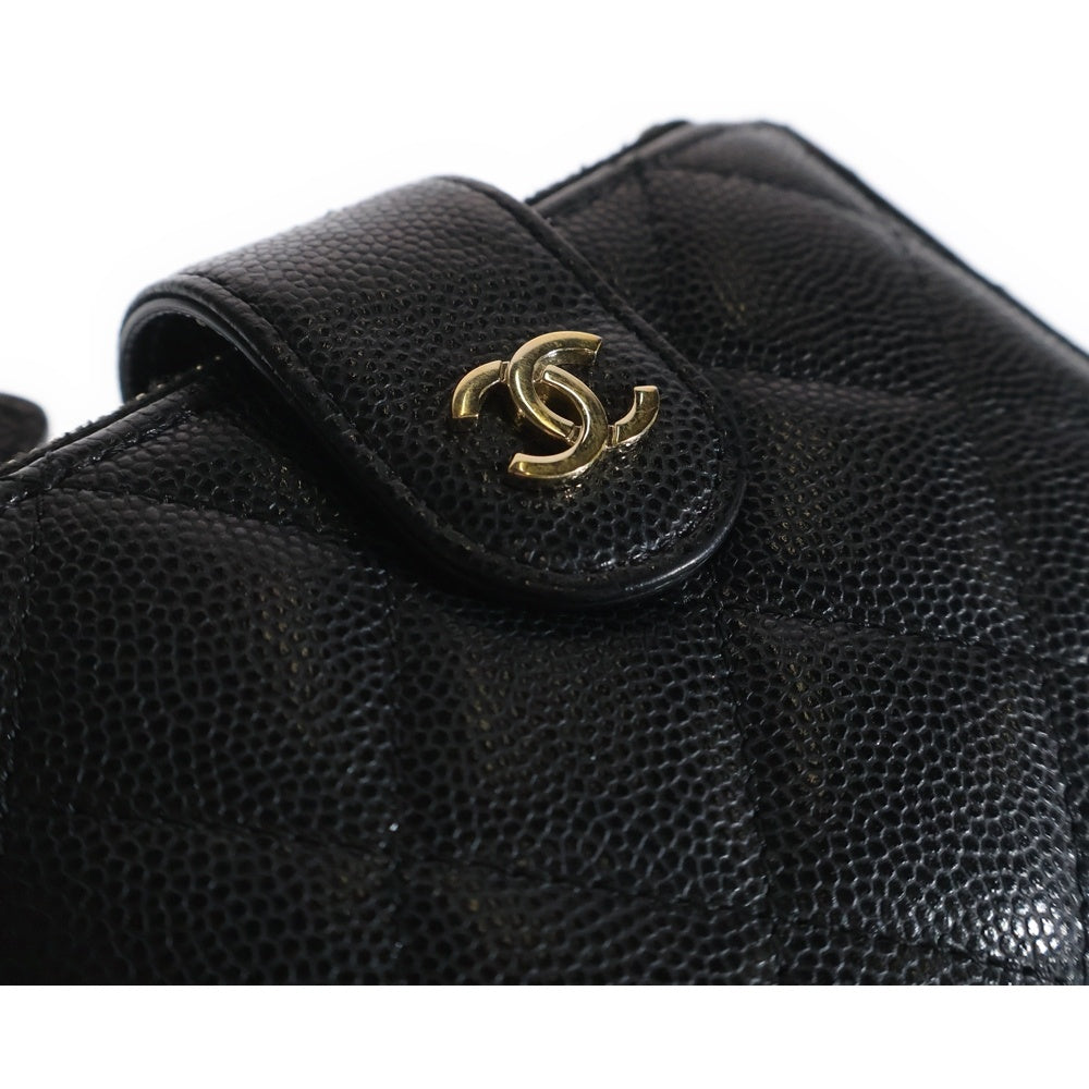 CHANEL(シャネル) クラシック マトラッセ ココマーク キャビアスキン レザー ダブルジップ コンパクトウォレット コインケース 二つ折り財布 ゴールド金具 ブラック 31番台