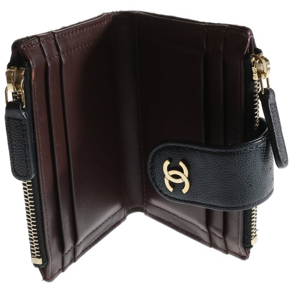 CHANEL(シャネル) クラシック マトラッセ ココマーク キャビアスキン レザー ダブルジップ コンパクトウォレット コインケース 二つ折り財布 ゴールド金具 ブラック 31番台