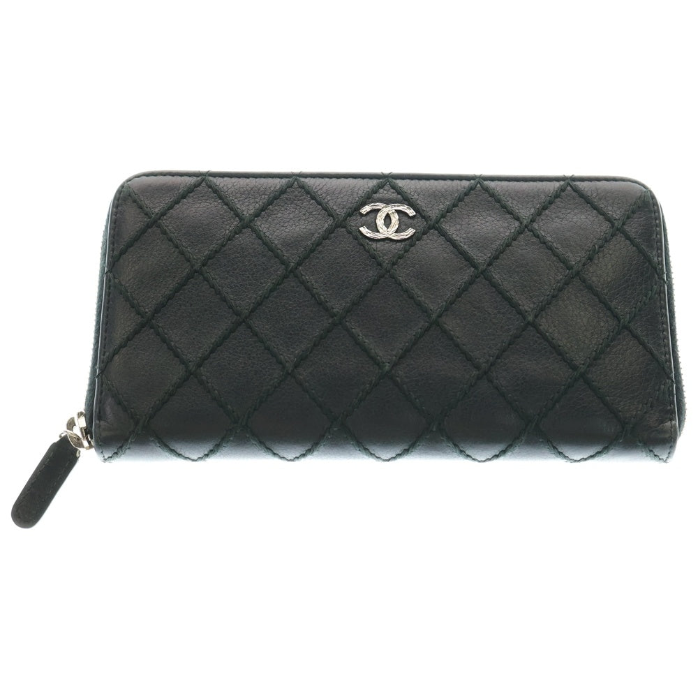 CHANEL(シャネル) ワイルドステッチ ラウンドファスナー 長財布 ブラック レザー シルバー金具 A80143 ウォレット