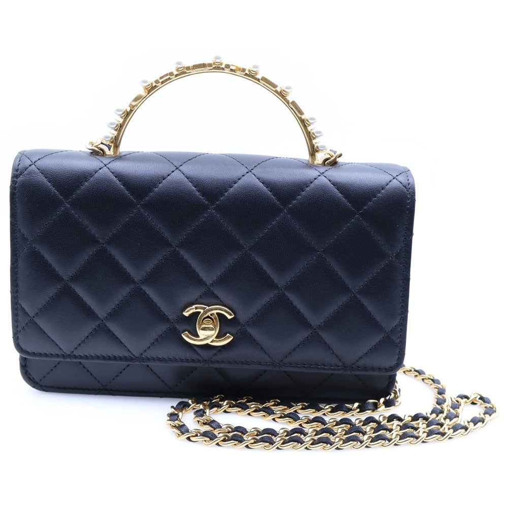 CHANEL(シャネル) マトラッセ トップハンドル チェーンウォレット ショルダーバッグ ブラック ラムスキン ゴールド金具 AP3504
