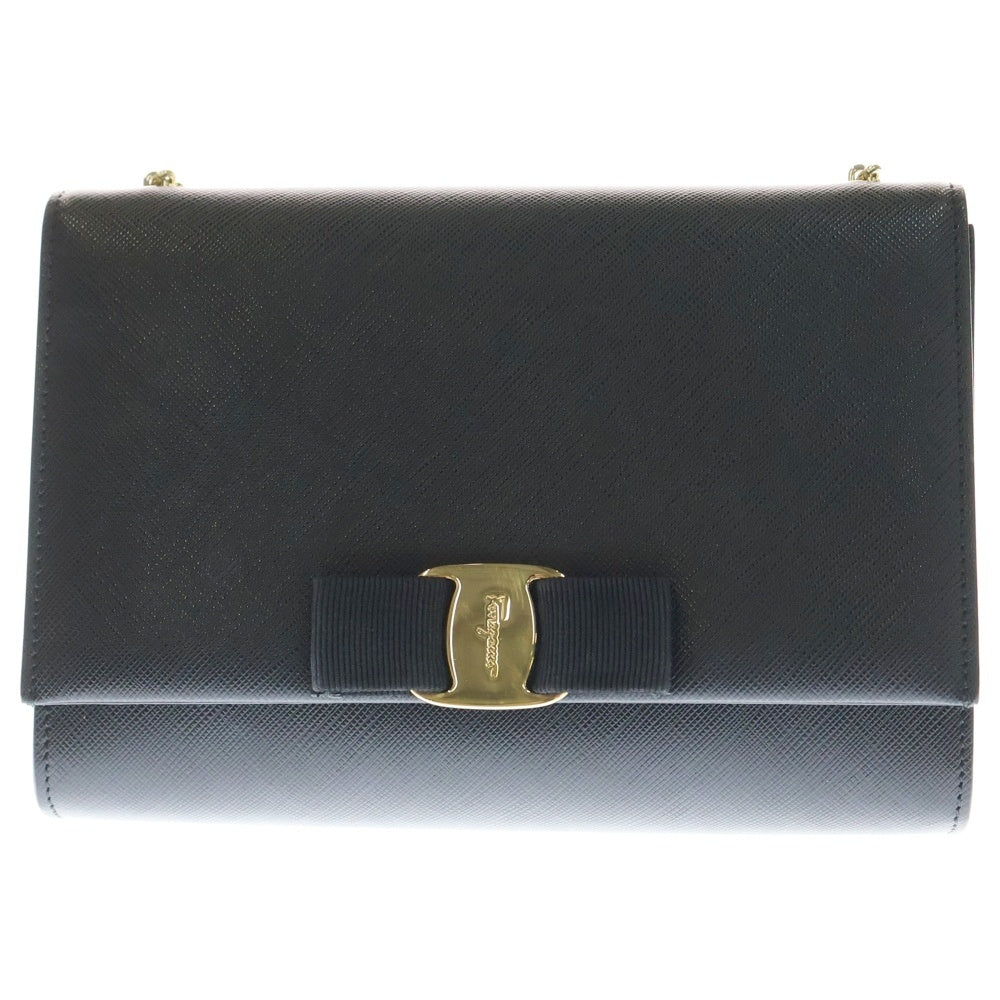 FERRAGAMO(フェラガモ) ヴァラリボン チェーンウォレット ゴールド金具 ブラック レザー レディース