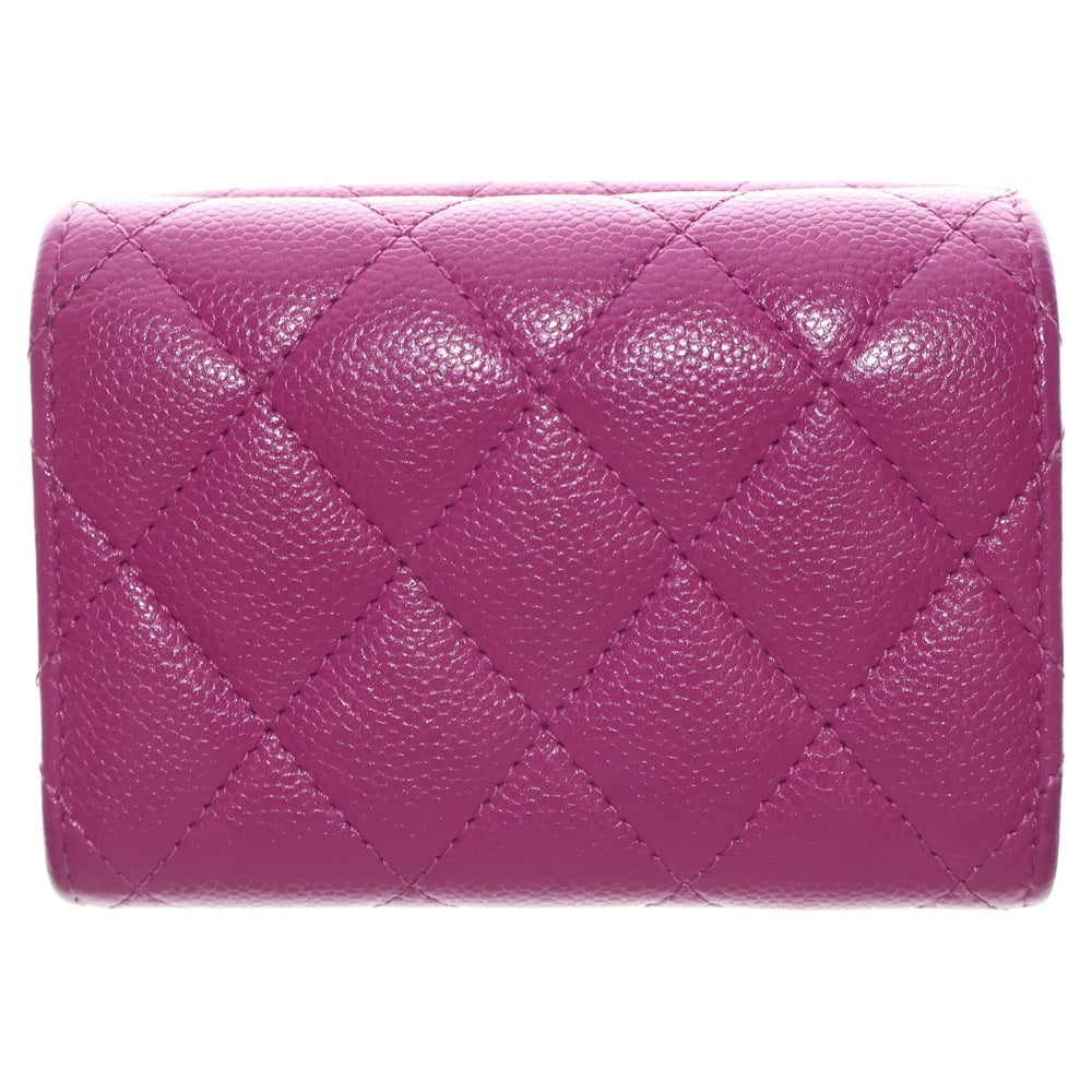 CHANEL(シャネル) ココマーク マトラッセ クラシック キャビアスキン レザー コンパクトウォレット 三つ折り財布 ゴールド金具 パープル レディース