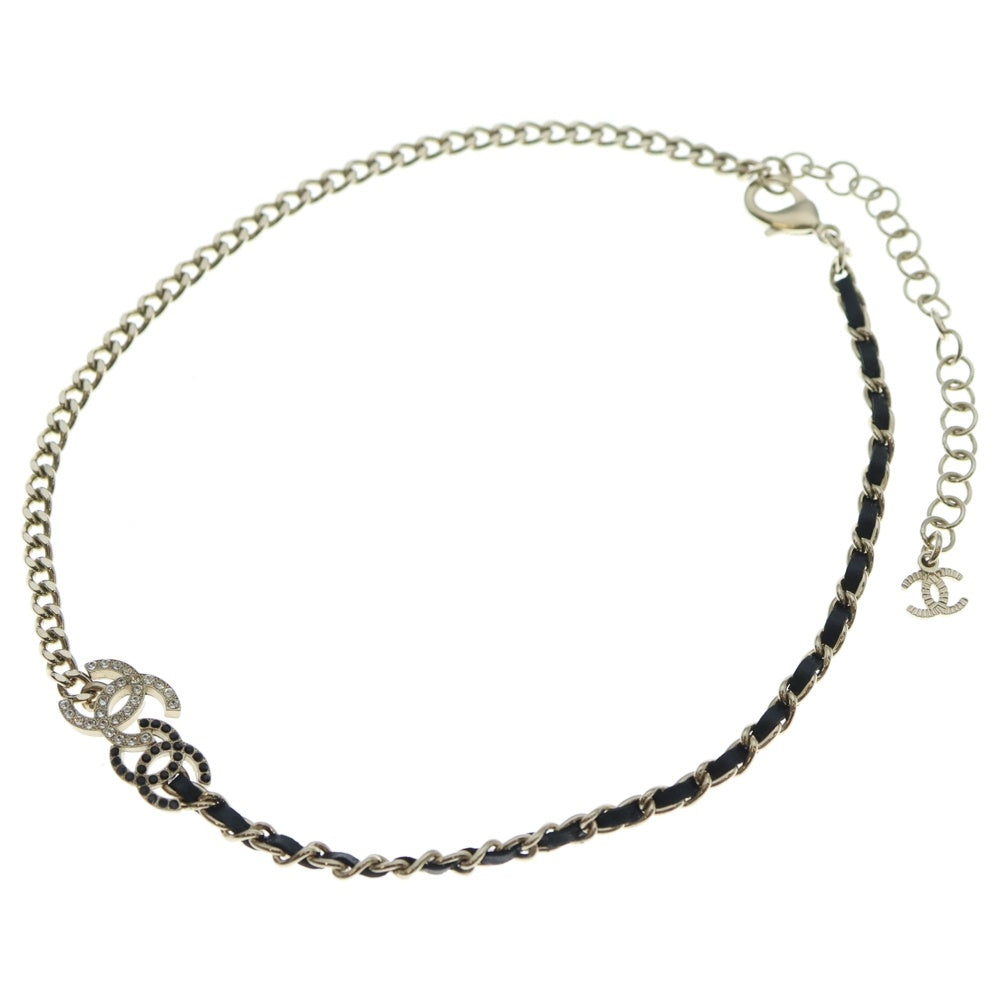 CHANEL(シャネル) ココマーク ラインストーン レザー チェーン チョーカー ネックレス ゴールド/ブラック A23V レディース