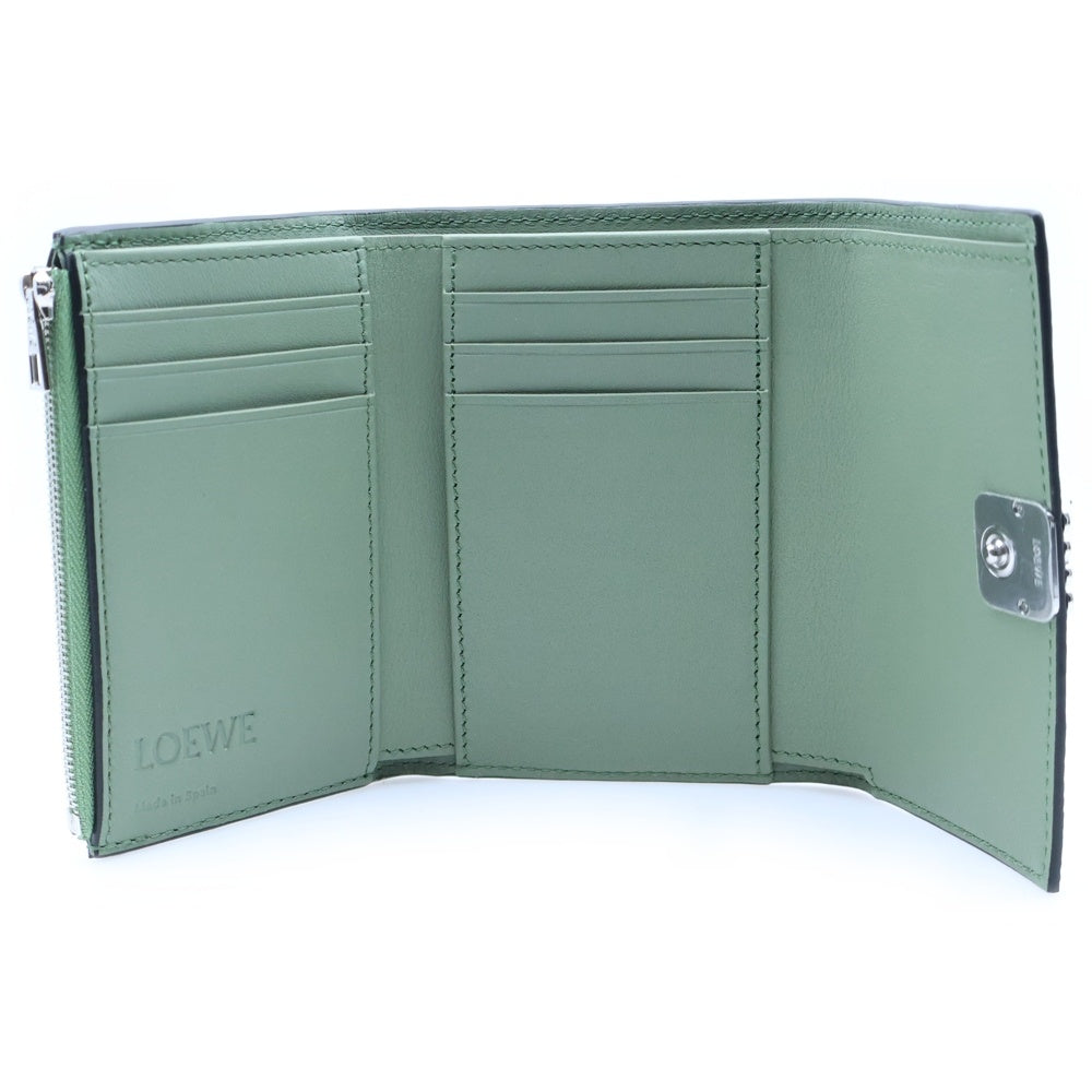 LOEWE(ロエベ) アナグラム トライフォールド コンパクトウォレット 三つ折り財布 コインケース イエローグリーン レザー シルバー金具 レディース