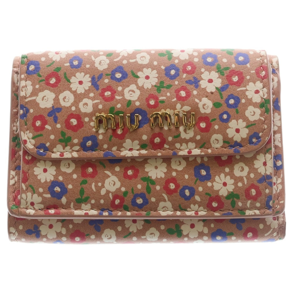 miumiu(ミュウミュウ) フラワー プリント 三つ折り財布 コンパクトウォレット コインケース ピンク レザー ゴールド金具 レディース