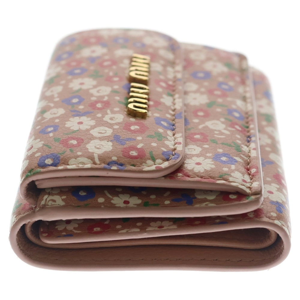miumiu(ミュウミュウ) フラワー プリント 三つ折り財布 コンパクトウォレット コインケース ピンク レザー ゴールド金具 レディース