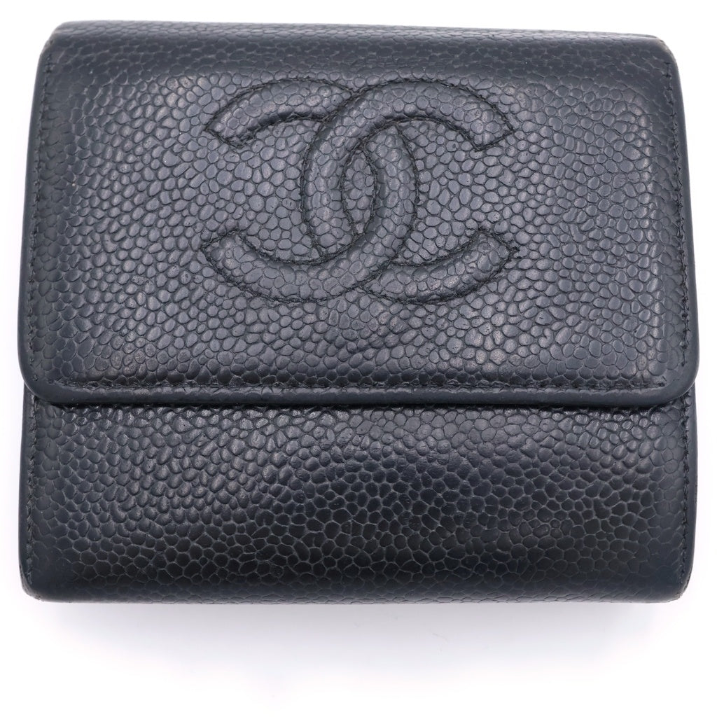 CHANEL(シャネル) ココマーク 三つ折り財布 コンパクトウォレット コインケース ブラック キャビア シルバー金具 レディース