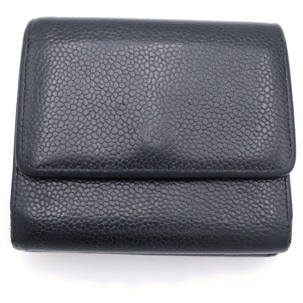 CHANEL(シャネル) ココマーク 三つ折り財布 コンパクトウォレット コインケース ブラック キャビア シルバー金具 レディース