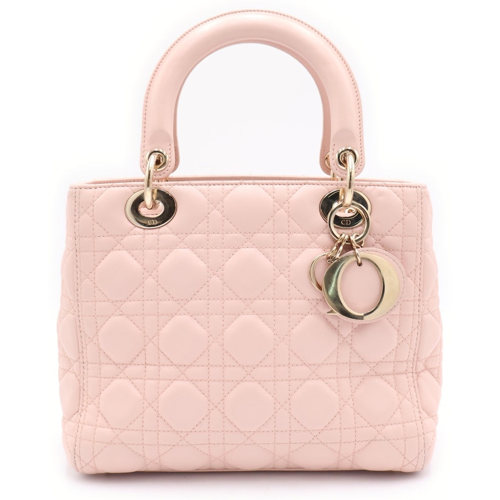 Christian Dior(クリスチャンディオール) レディディオール ミディアム カナージュ 2WAYバッグ ハンドバッグ ショルダーバッグ ライトピンク ラムスキン 18-MA-0156 ゴールド金具 レディース