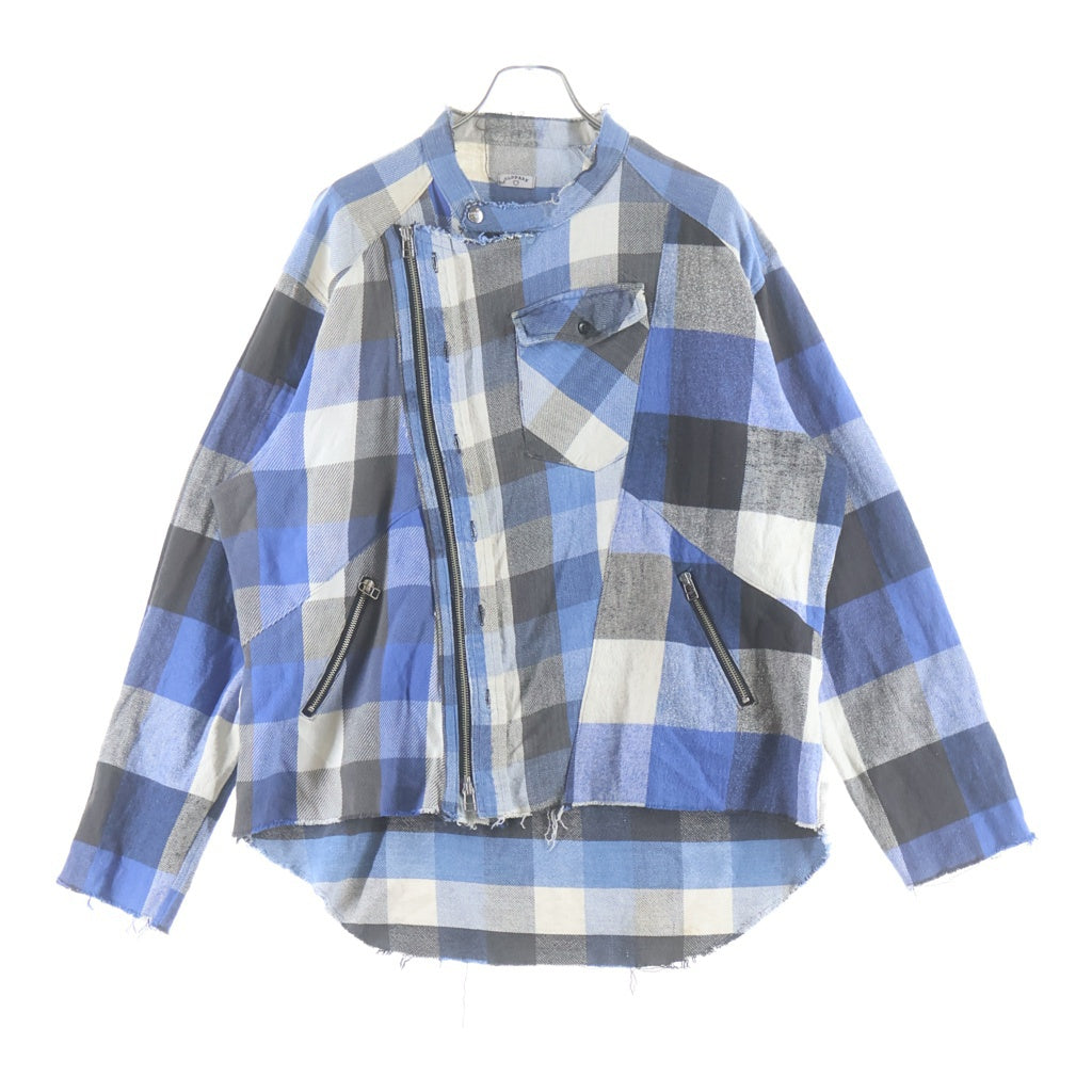 OLD PARK(オールドパーク) HALF-BOTTON SHIRT チェック総柄 フランネル ギミック 長袖 シャツ ブルー