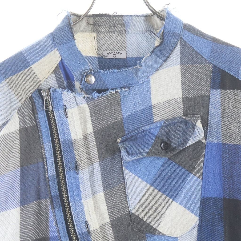 OLD PARK(オールドパーク) HALF-BOTTON SHIRT チェック総柄 フランネル ギミック 長袖 シャツ ブルー