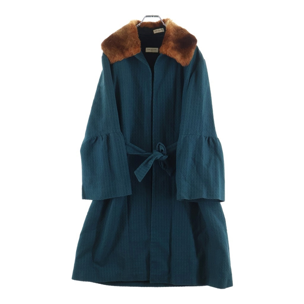 DRIES VAN NOTEN(ドリスヴァンノッテン) 総柄ジャガード ファー襟 ベルテッド ガウン ロング コート ブルー レディース