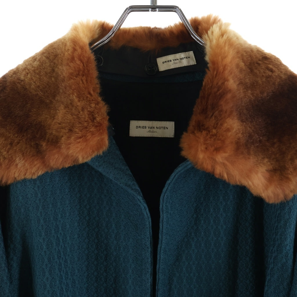 DRIES VAN NOTEN(ドリスヴァンノッテン) 総柄ジャガード ファー襟 ベルテッド ガウン ロング コート ブルー レディース
