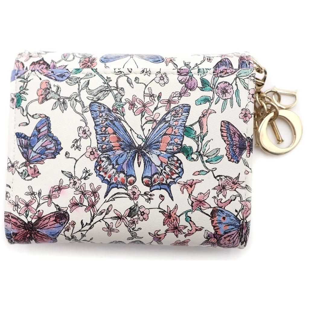 Christian Dior(クリスチャンディオール) カナージュ パピヨン フラワー コンパクトウォレット 三つ折り財布 コインケース ホワイト マルチカラー ゴールド金具 レディース