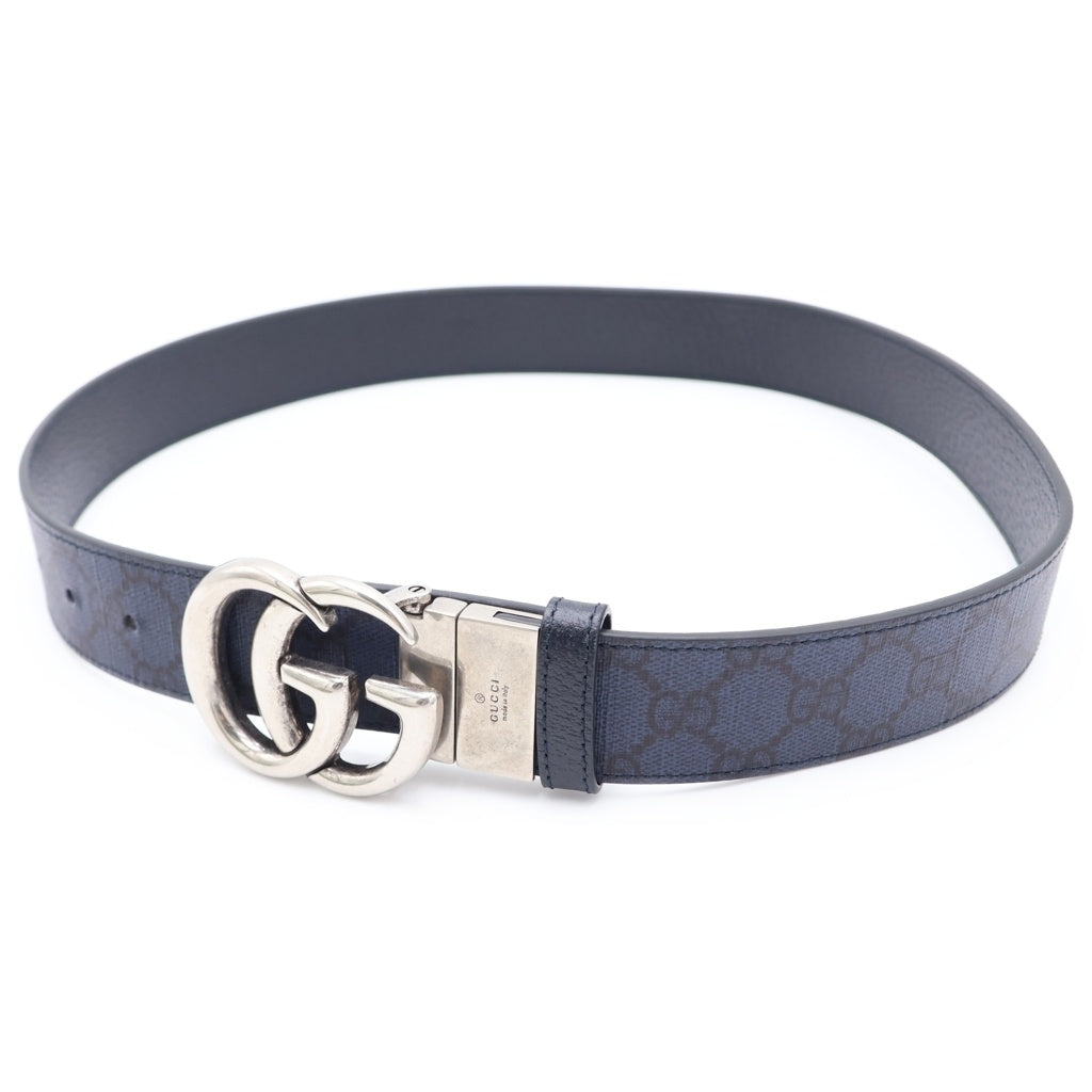 GUCCI(グッチ) インターロッキングGバックル レザーベルト ネイビー GGスプリーム 627055 シルバー金具