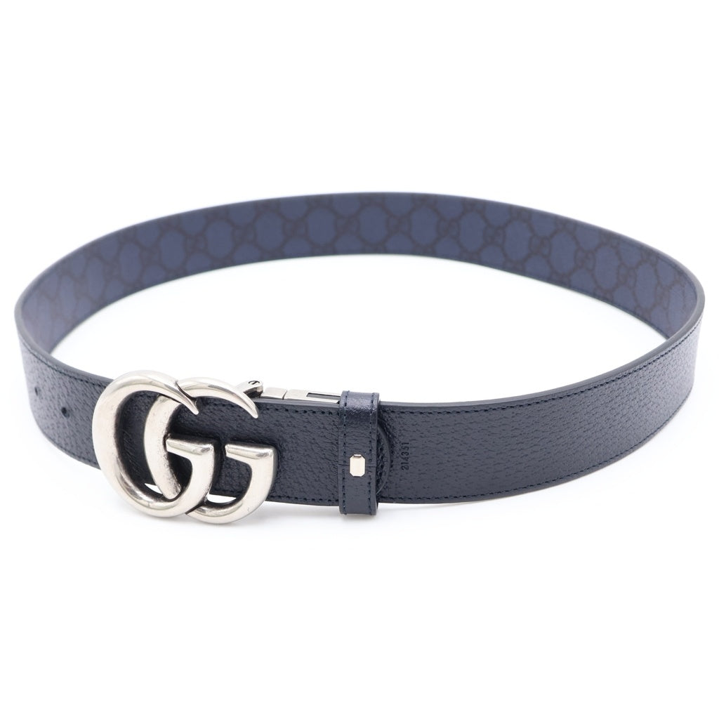 GUCCI(グッチ) インターロッキングGバックル レザーベルト ネイビー GGスプリーム 627055 シルバー金具