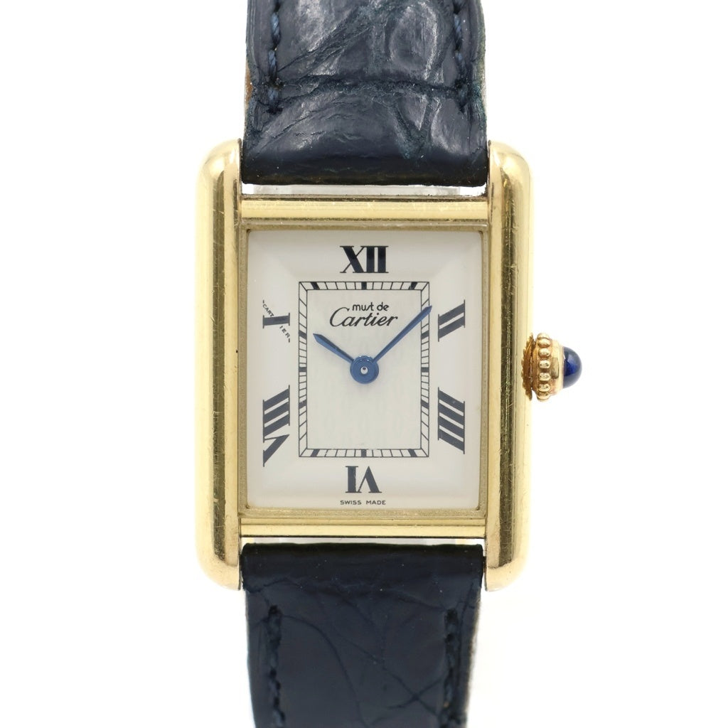 Cartier(カルティエ) マストタンク MM 腕時計 クォーツ 白文字盤 レザー ブラック/ゴールド W1013654 レディース