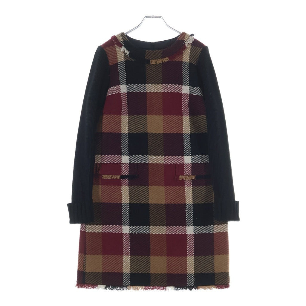 BLUE LABEL CRESTBRIDGE(ブルーレーベルクレストブリッジ) ニット袖 コンビ ワンピース チェック柄 ボルドー ブラウン レディース 38サイズ