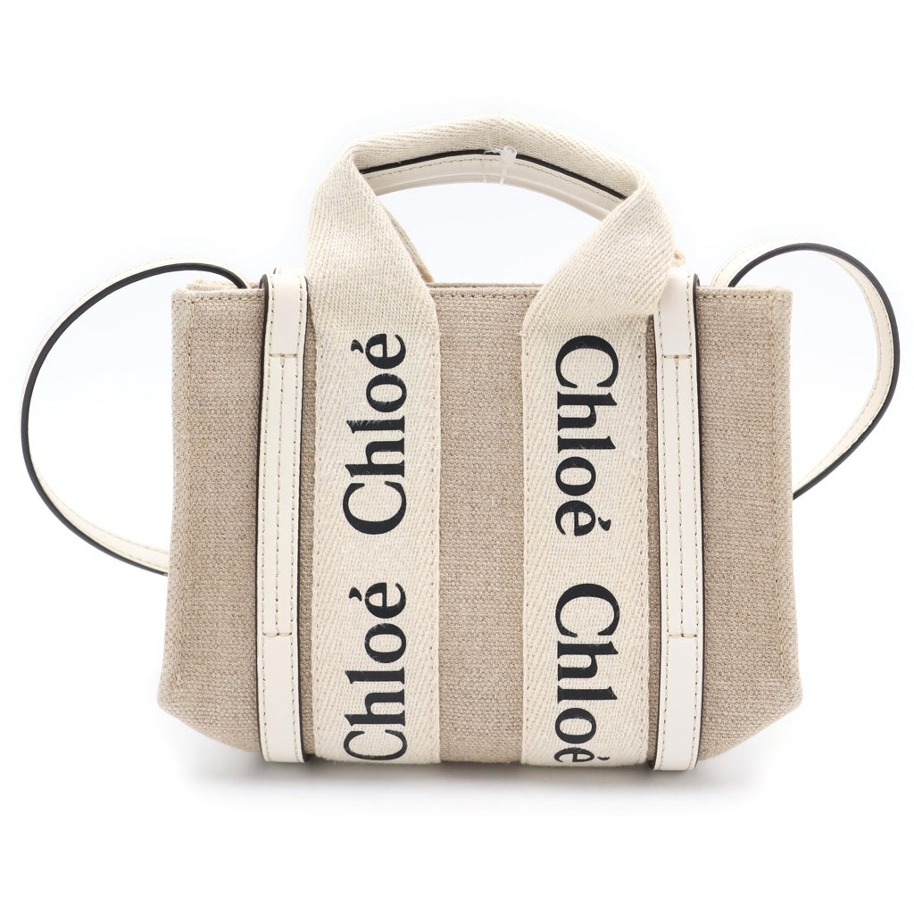 Chloe(クロエ) ウッディ ミニ トートバッグ ショルダーバッグ ベージュ×ホワイト キャンバス×レザー レディース