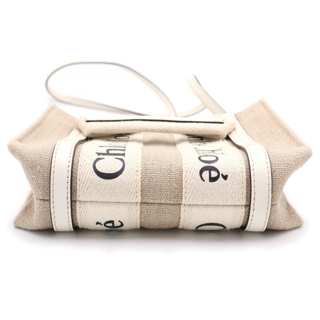 Chloe(クロエ) ウッディ ミニ トートバッグ ショルダーバッグ ベージュ×ホワイト キャンバス×レザー レディース