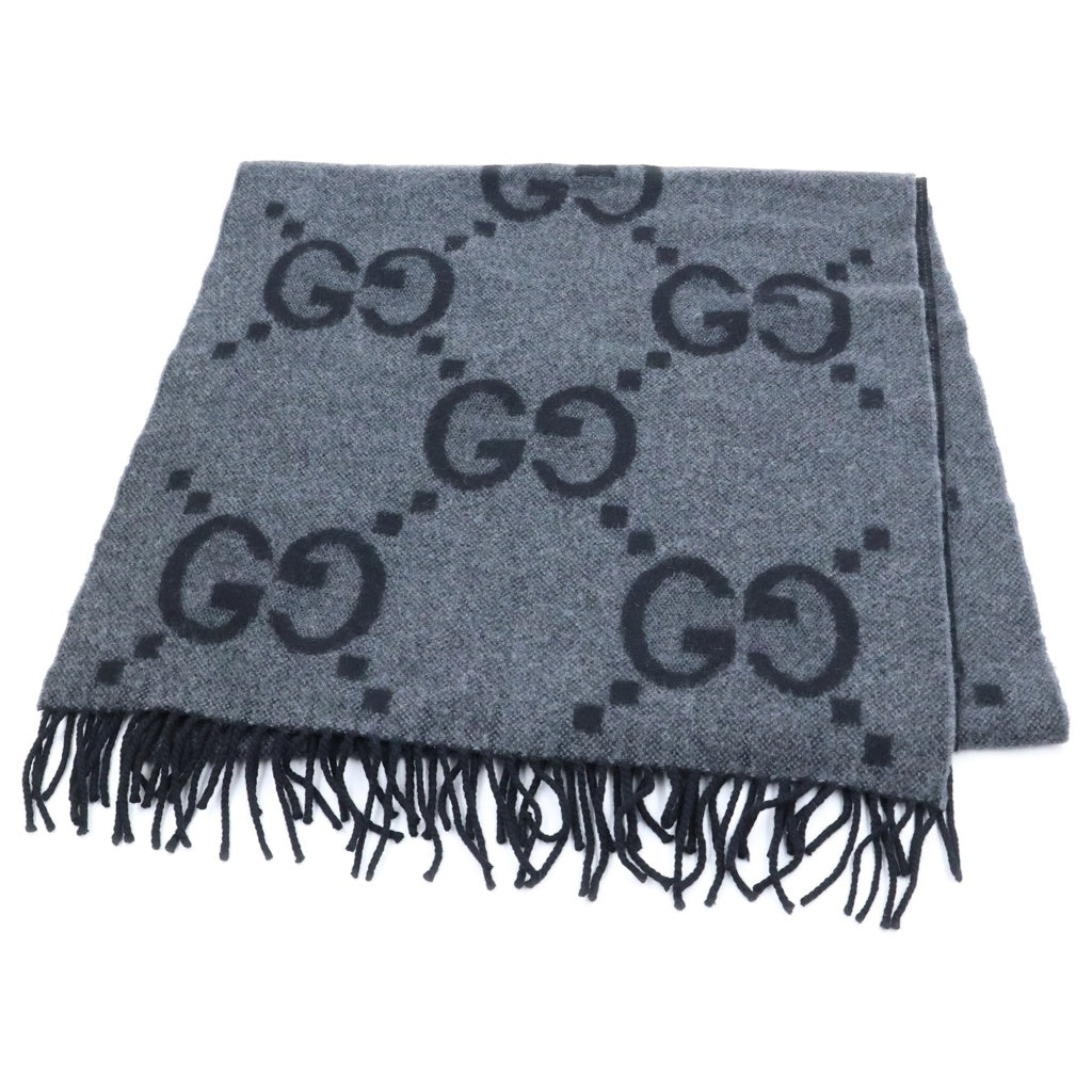 GUCCI(グッチ) GGジャガード カシミヤ フリンジ マフラー グレー 674275