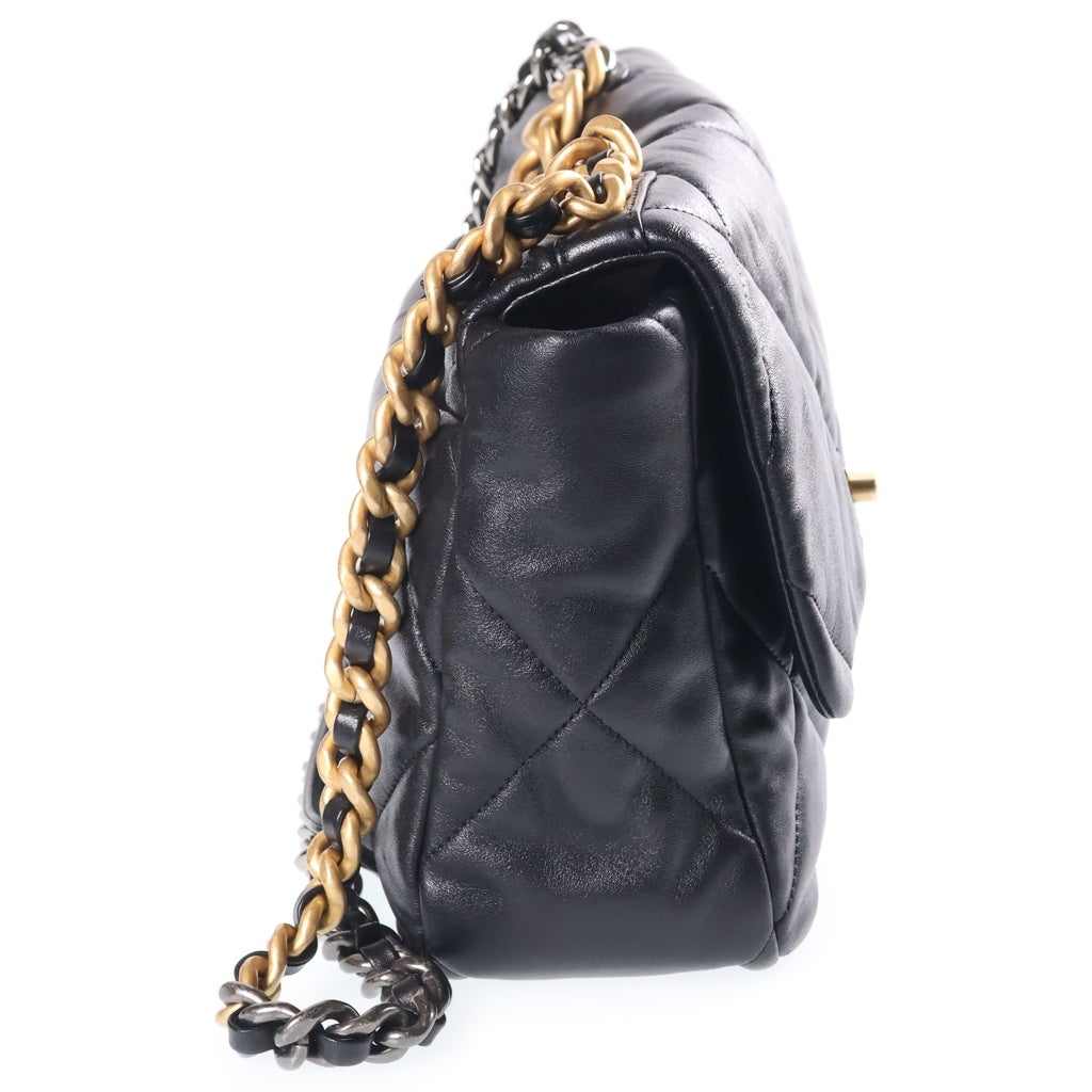 CHANEL(シャネル) シャネル19 チェーンショルダーバッグ ブラック ラムスキン プレートシリアル AS1161 ゴールド×シルバー金具 レディース