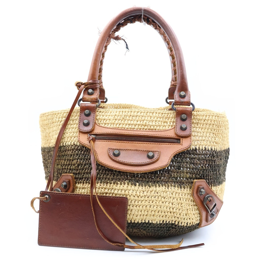 BALENCIAGA(バレンシアガ) ラフィア ストローバッグ カゴバッグ ハンドバッグ ベージュ×ブラウン ラフィア×レザー 236741 レディース