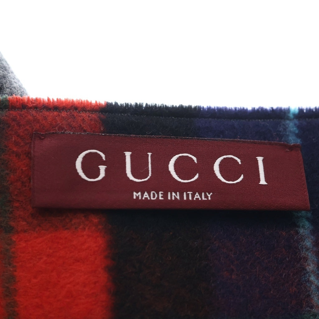 GUCCI(グッチ) チェックGG柄リバーシブルウールカシミヤマフラー レッド×ブルー×グレー 863216 タグ